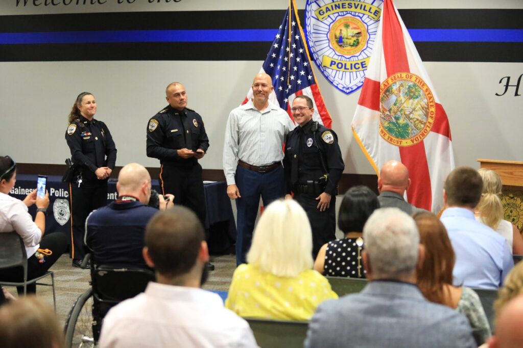 Officer Michael LaTulipe had his badge pinned by Captain Jamie Buchbinder. 