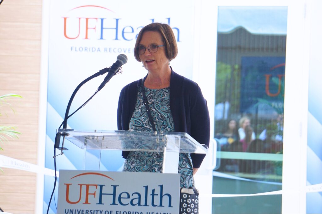Dr. Carol Mathews speaks at the July 15 grand opening for the UF Health Recovery Center. Photo by Kirsten Rabin