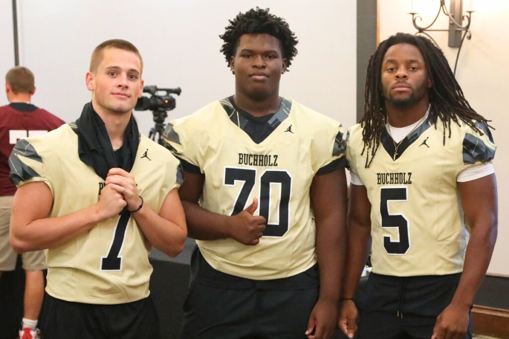 (From left) Buchholz's Keil McGriff, Anthony Barr and Caleb Young at the North Central Florida High School Football Media Day on Thursday. Photo by C.J. Gish