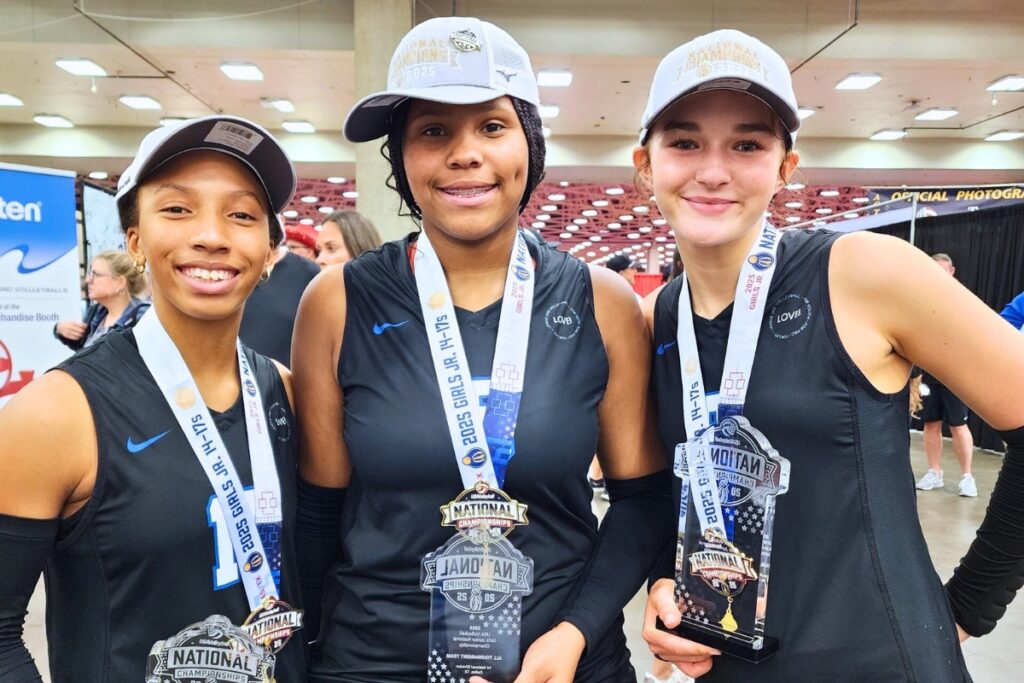 Gainesville Juniors 14U players (from left) Holdyn Moore, Ajha Graddy and Taylor Sembower were named to the USAV National All-Tournament Team. Courtesy of Heidi Moore