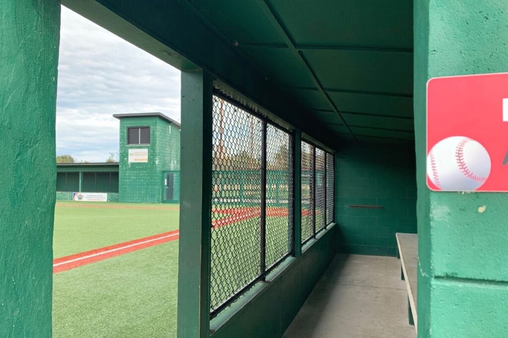 Inside a dugout at Champions Park.