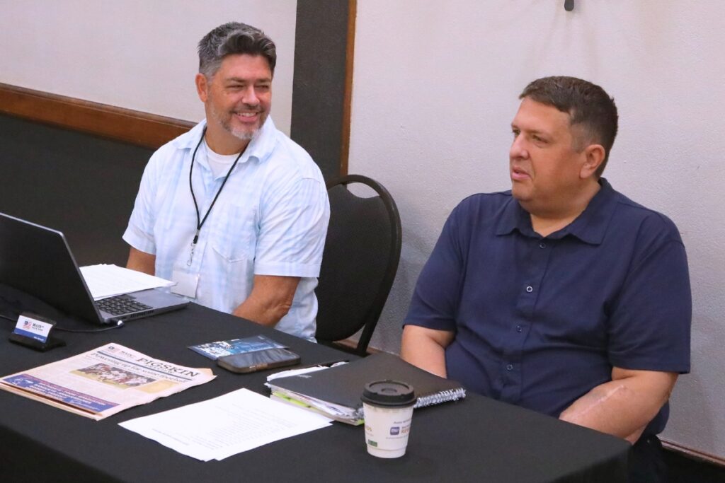Mainstreet Sports Director Mike Ridaught (left) and correspondent Marty Pallman at the North Central Florida High School Football Media Day on Thursday. Photo by C.J. Gish