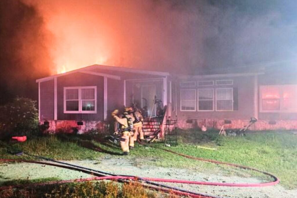 Multiple fire departments battled a mobile home blaze in High Springs and located a missing cat after the fire was extinguished early Wednesday morning. Courtesy of HSFD