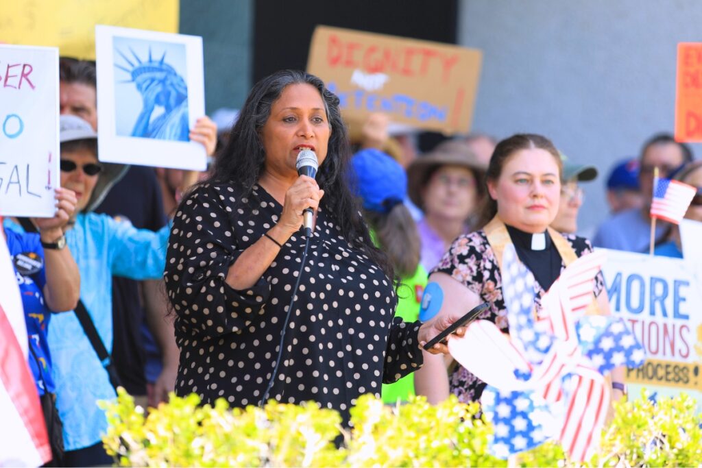 North Central Florida Indivisible Executive Director Jyoti Parmar opens the campaign to stop the ICE detention center at Camp Blanding. Photo by Seth Johnson
