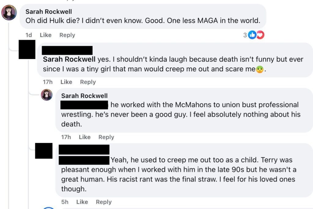 Sarah Rockwell's social media comments on Hulk Hogan.