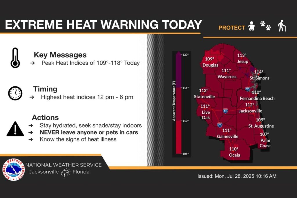 The National Weather Service issued an extreme heat warning issued for Monday and Tuesday. Courtesy of NWS
