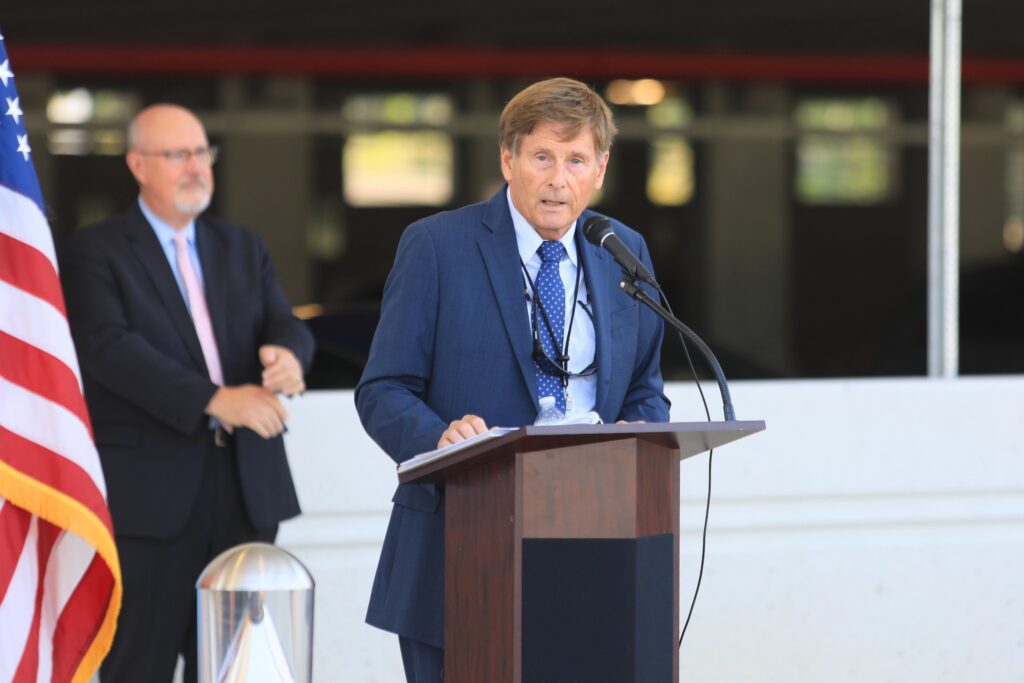 Allan Penksa, CEO of Gainesville Regional Airport, speaks at the ribbon-cutting ceremony for the new parking garage. Photo by Seth Johnson