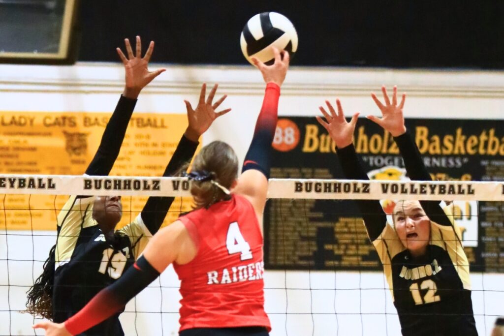 Buchholz's Aaliyah Ray (19) and Taylor Sembower (12) go for block against Santa Fe's Brooke Findley (4). Photo by C.J. Gish