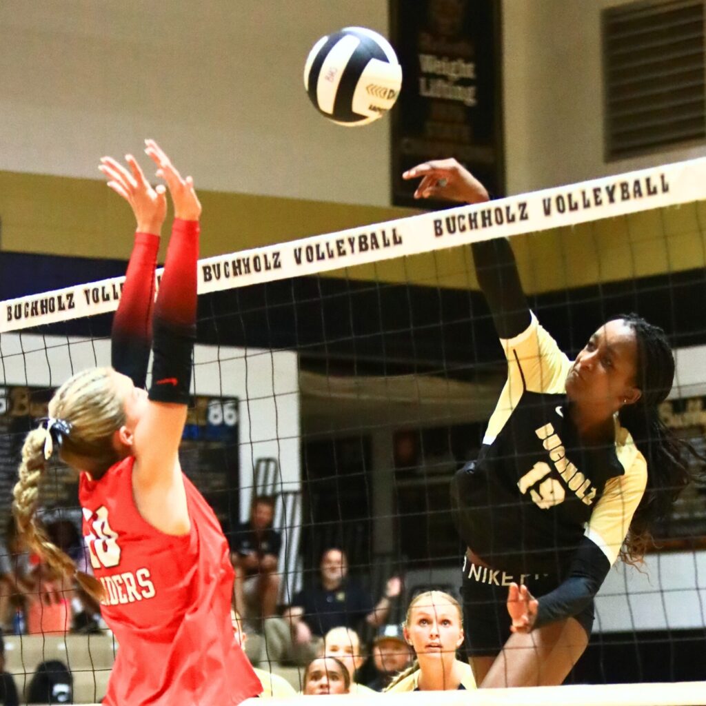 Buchholz's Aaliyah Ray (19) with a hit against Santa Fe's Jordan Matthews (10). Photo by C.J. Gish