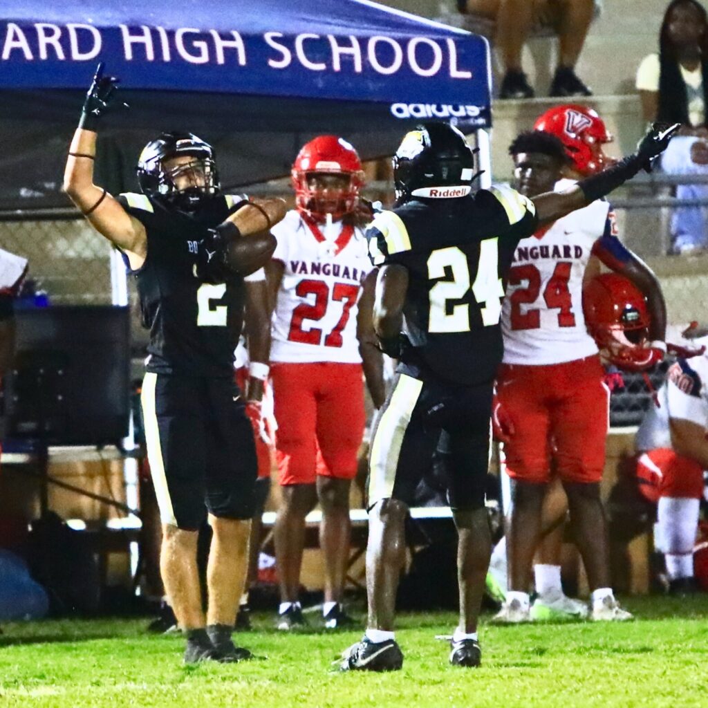 Buchholz's Troy Fleming (2) with a second-quarter interception against Vanguard (Ocala). Photo by C.J. Gish