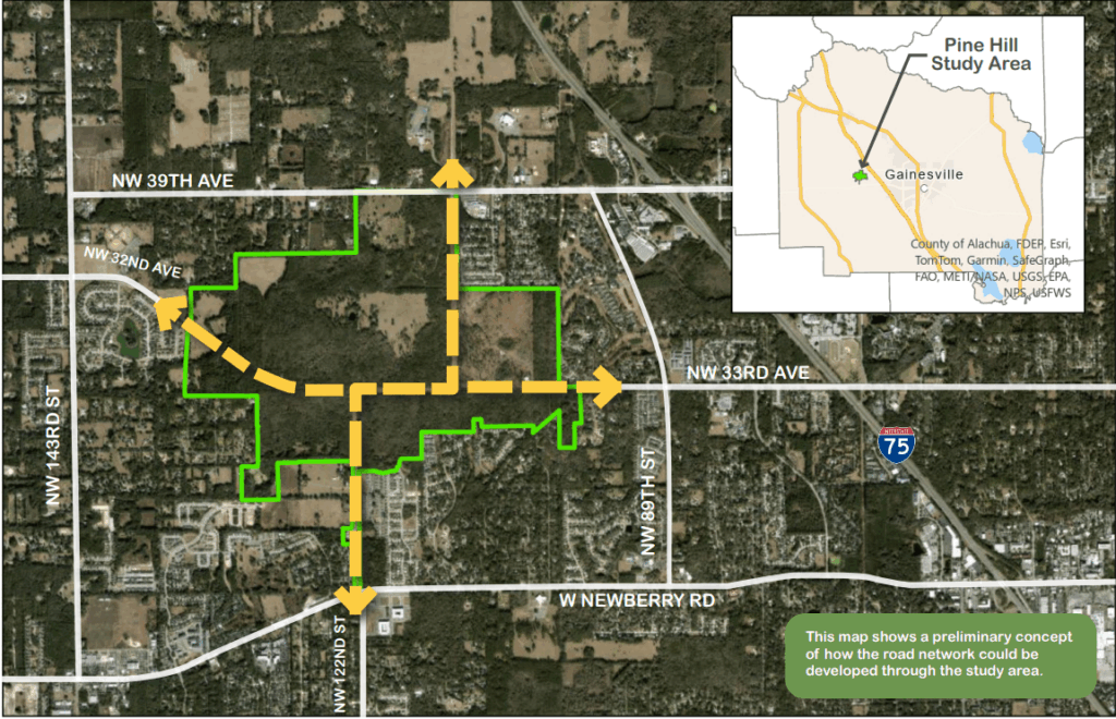 A concept plan shows how future roadways might cross the Pine Hill Forest area. 