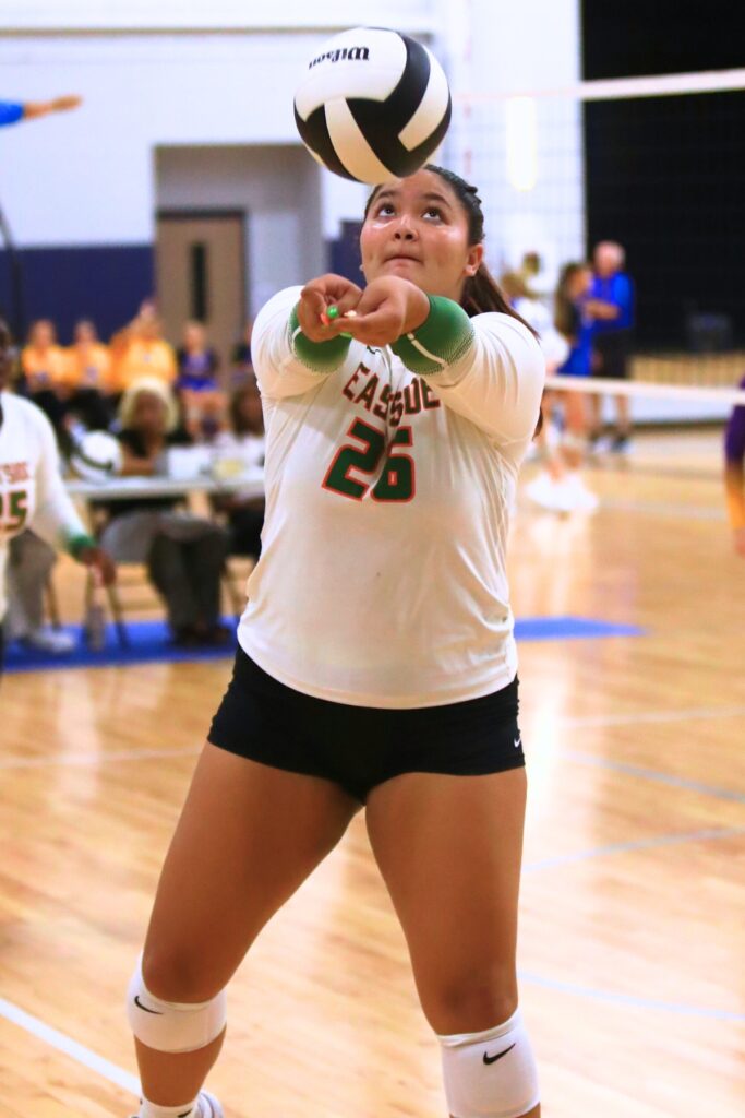Eastside's Laelia Torres with a dig against Union County on Thursday. Photo by C.J. Gish