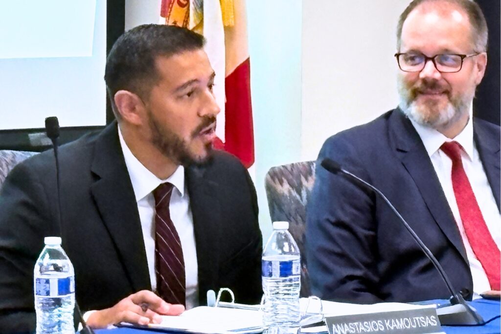 Florida Department of Education Commissioner Anastasios Kamoutsas (left) and State Board of Education Chair Ryan Petty at Wednesday's meeting. Photo by Gary Nelson