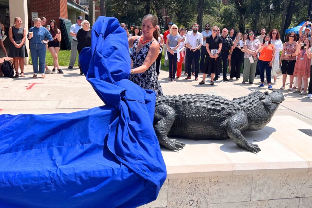Focused Attention is unveiled at a ceremony in front of Library West Thursday afternoon. Photo by Nick Anschultz