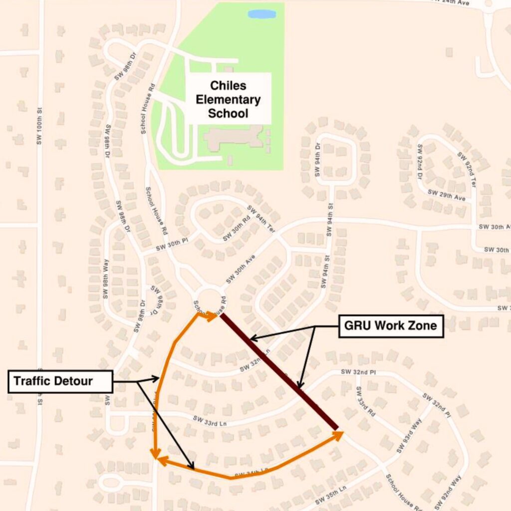 GRU work zone detour map south of Chiles Elementary School. Courtesy of GRU