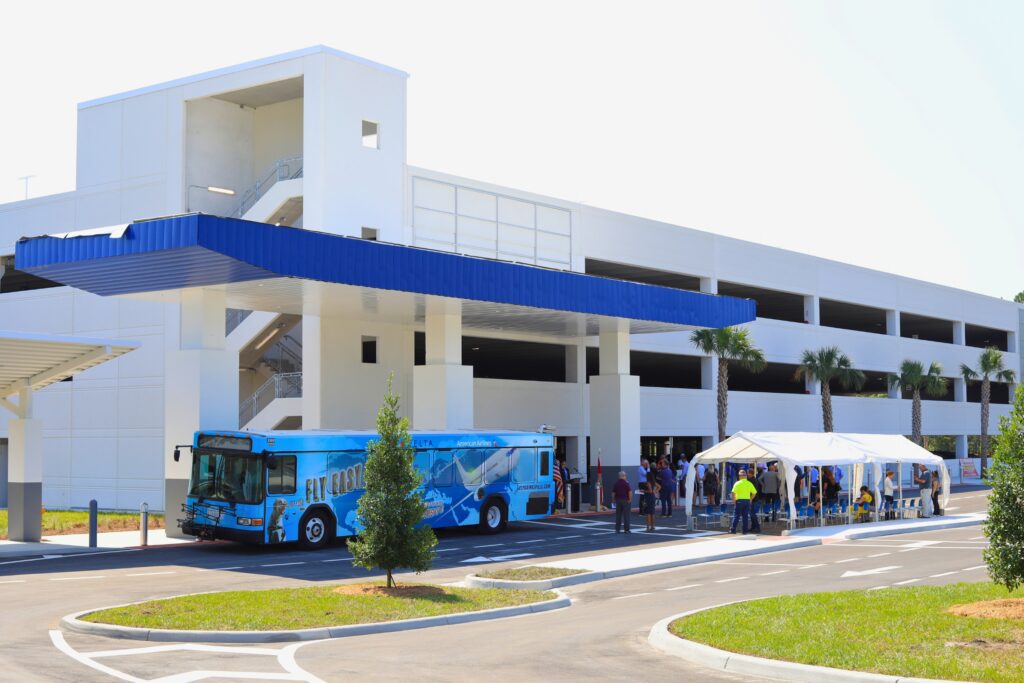 Gainesville Regional Airport's new four-story parking garage can accomodate 420 vehicles and features a covered area for buses and ride-sharing pickups. Photo by Seth Johnson
