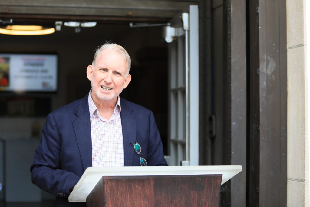 Hippodrome Director Evans Haile speaks at the ribbon cutting for the theatre's historic elevator. Photo by Seth Johnson