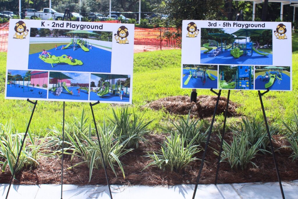 Renderings of the K-2nd and 3rd-5th playgrounds were displayed outside the Littlewood Elementary School campus on Friday morning.
