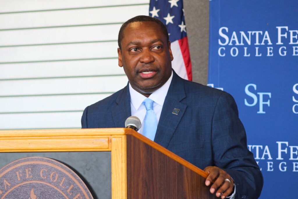Santa Fe College President Paul Broadie II offers remarks at the Ralph W. Cellon Jr. Institute ribbon-cutting ceremony. Photo by Nick Anschultz