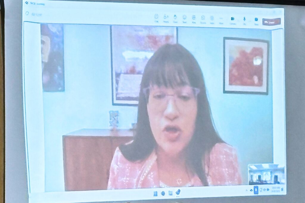 School Board of Alachua County Chair Sarah Rockwell attended the State Board of Education meeting via live stream on Wednesday. Photo by Gary Nelson