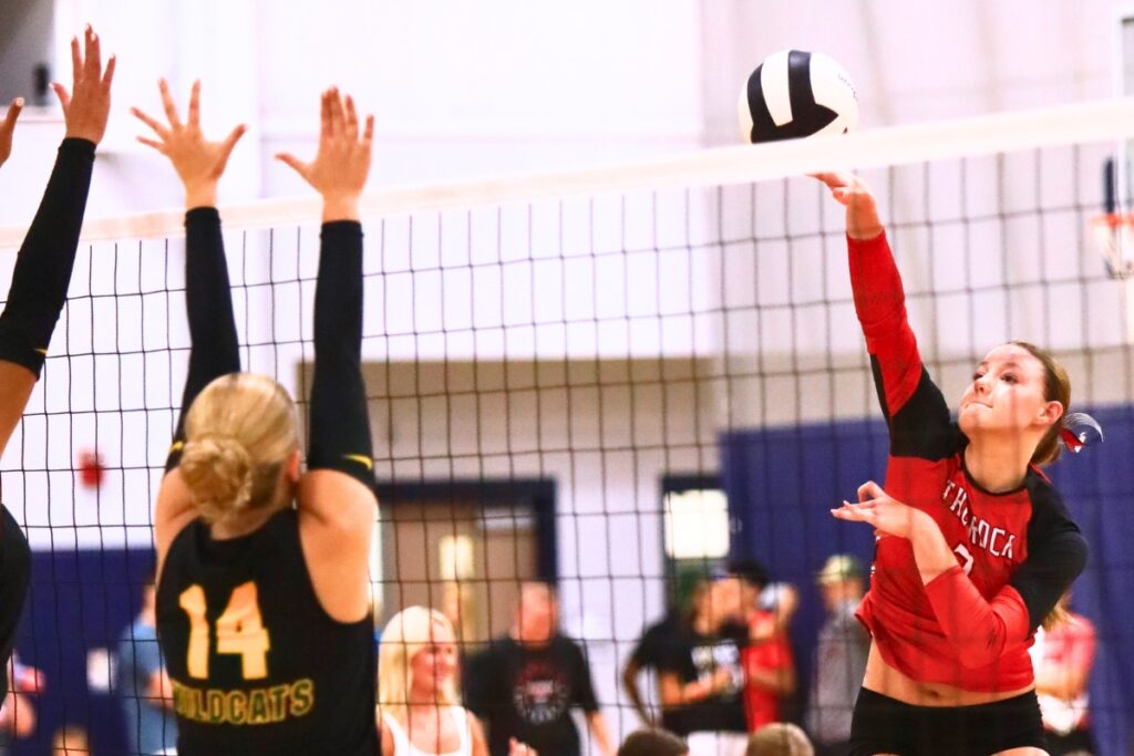 The Rock's Alexis Rhoden with a hit against Forest (Ocala) on Thursday. Photo by C.J. Gish