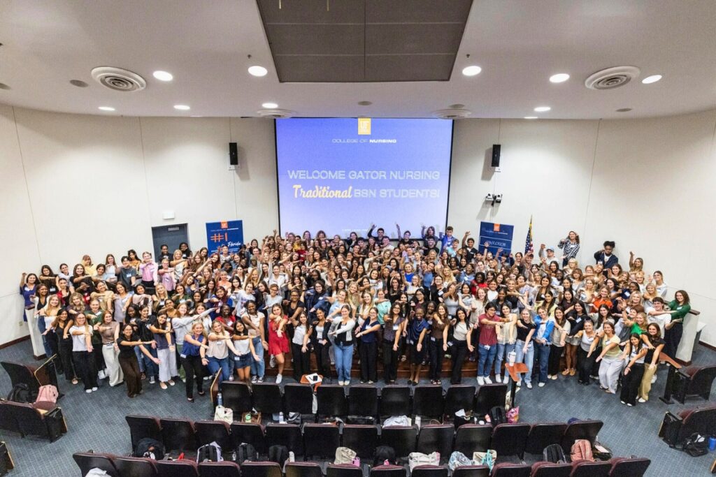 The UF College of Nursing welcomed the Fall 2025 cohort of 226 students — the largest undergraduate class in the college’s history. Photo by Betsy Brzezinski-UF