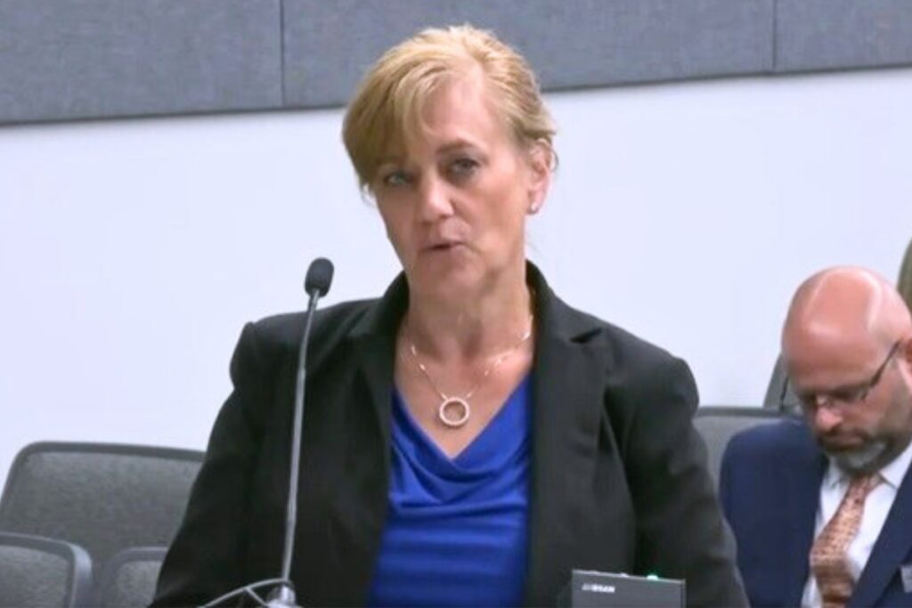 Amy Envall, an outside lawyer representing the School Board of Alachua County, speaks at Wednesday's State Board of Education meeting. Courtesy of The Florida Channel
