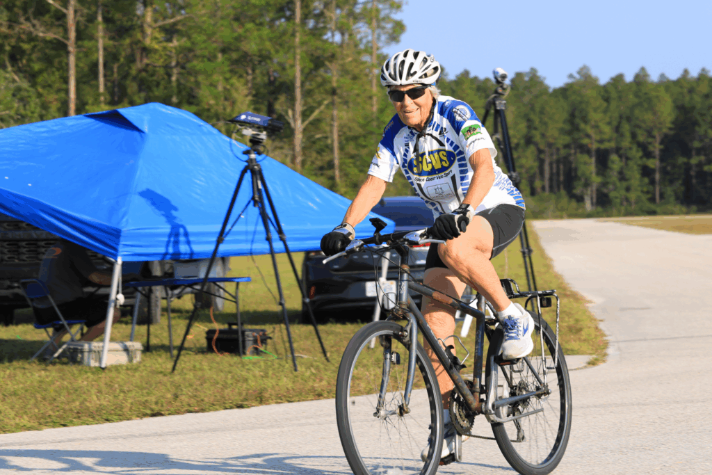 Baerbel Bartyczak, who will turn 90 later this year, cycled the 5K and 10K time trial in the Gainesville Senior Games. Photo by Seth Johnson