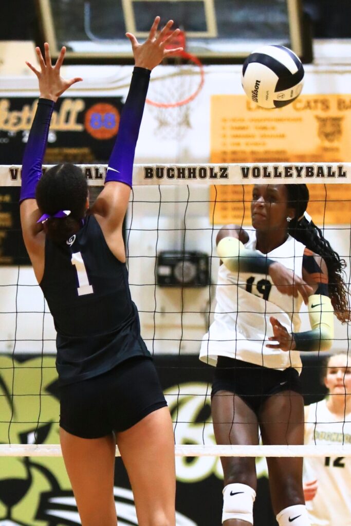 Buchholz's Aaliyah Ray (19) with a hit against Gainesville's Jacey Carter-Mitchell (1). Photo by C.J. Gish