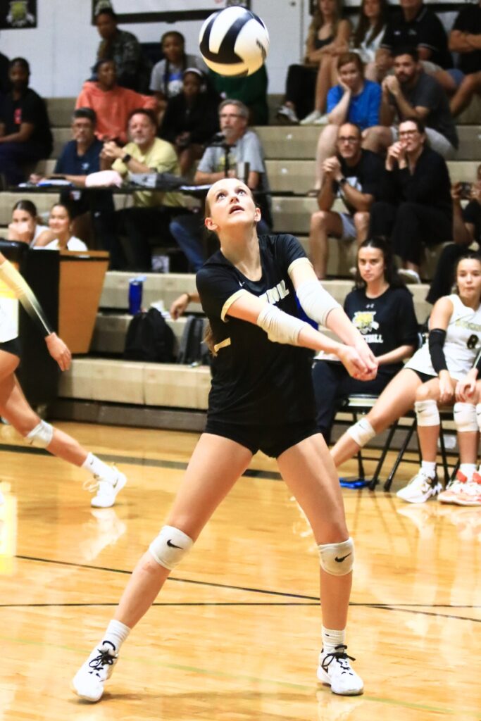 Buchholz's Lily Vaillancourt (3) with a dig against Gainesville. Photo by C.J. Gish