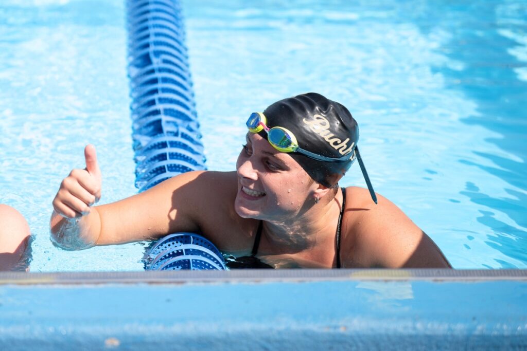 Buchholz's Mazie Moberl in the girls 500-yard freestyle at the 2025 Rob Ramirez City Championship Meet. Photo by Tim Rodriquez