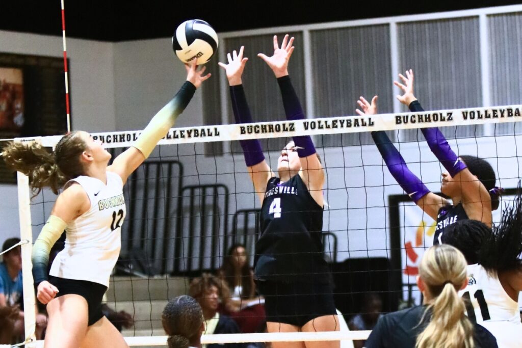 Buchholz's Taylor Sembower (12) with a hit against Gainesville's Rowan Kage (4) and Jacey Carter-Mitchell (1). Photo by C.J. Gish 1 (1)