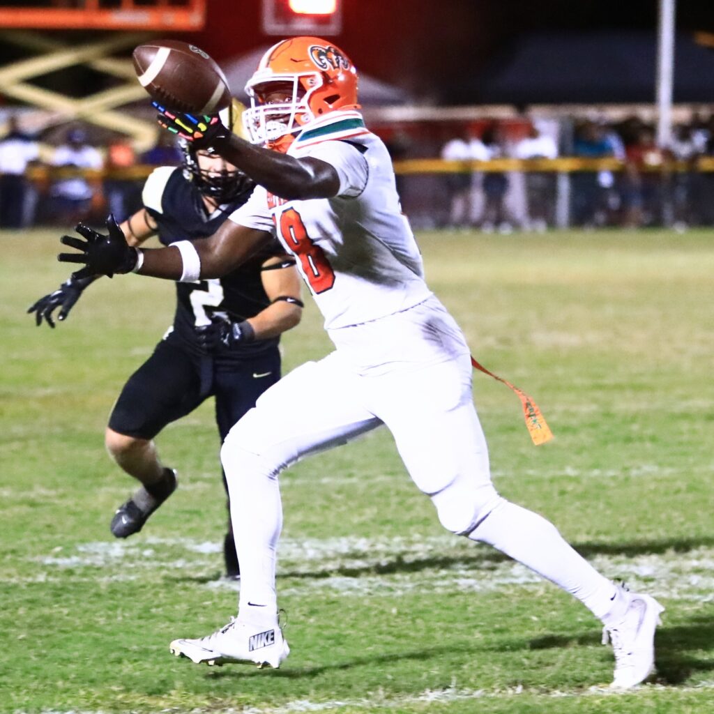 Eastside wide receiver Jordan Johnson (18) loses the handle on the football against Buchholz. Photo by C.J. Gish