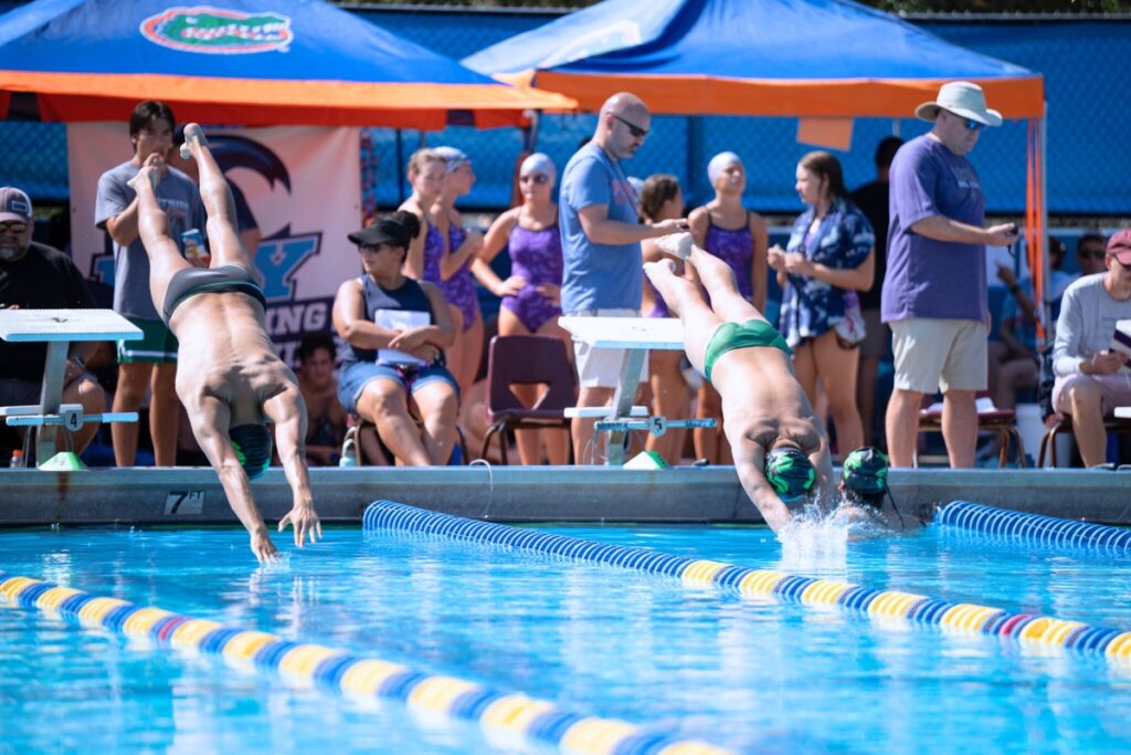 Eastside's Alex Han (left) and Aristotle Davenport (right) in the boys 500-yard freestyle at the 2025 Rob Ramirez City Championship Meet. Photo by Tim Rodriquez