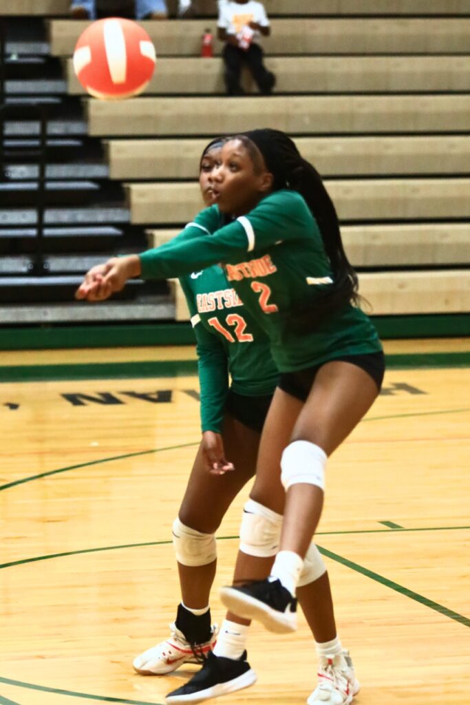 Eastside's Ciara Brooks (2) with a dig against Dixie County. Photo by C.J. Gish
