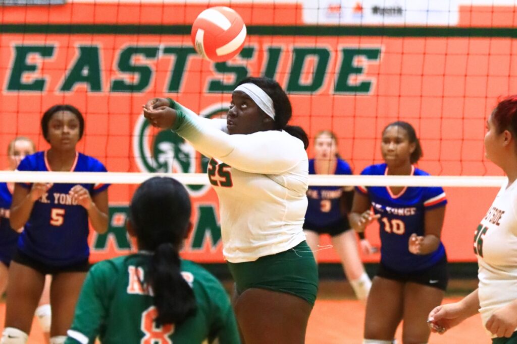 Eastside's Essence Davis (25) with a dig against P.K. Yonge. Photo by C.J. Gish