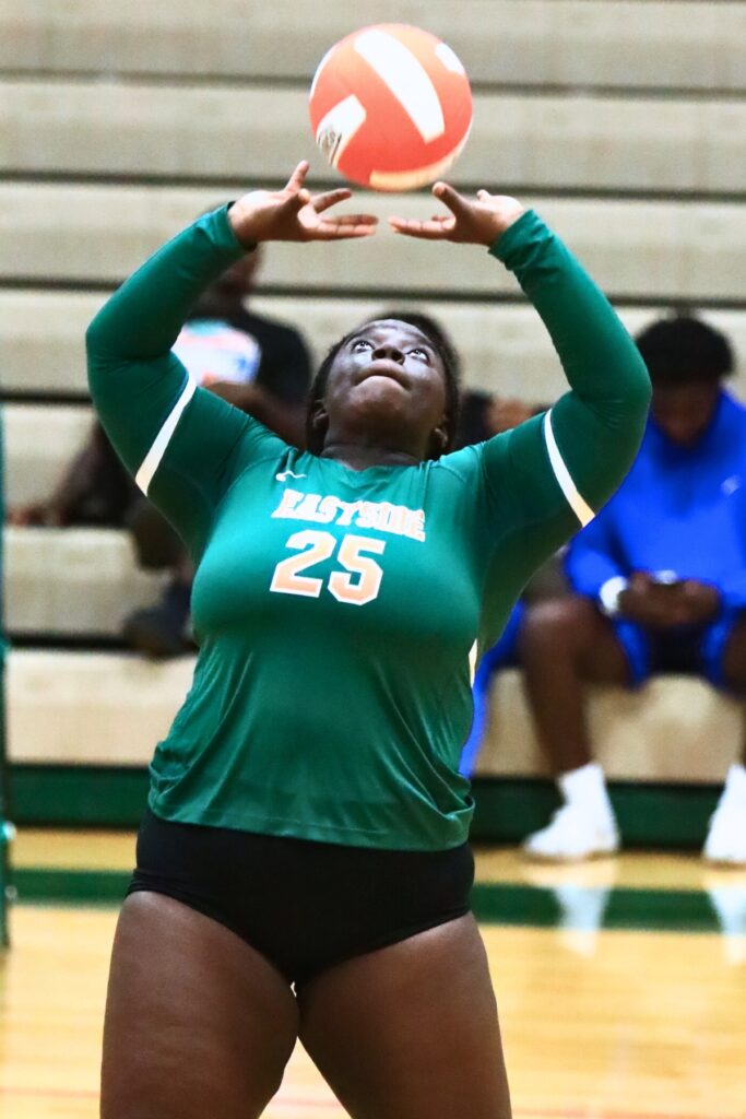 Eastside's Essence Davis (25) with a set against Dixie County. Photo by C.J. Gish