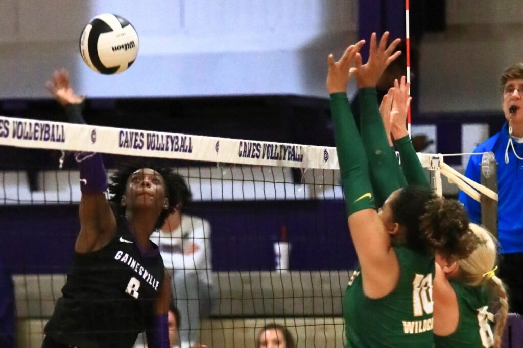 Gainesville's Jorryn Dye (8) with a hit against Forest (Ocala). Photo by C.J. Gish
