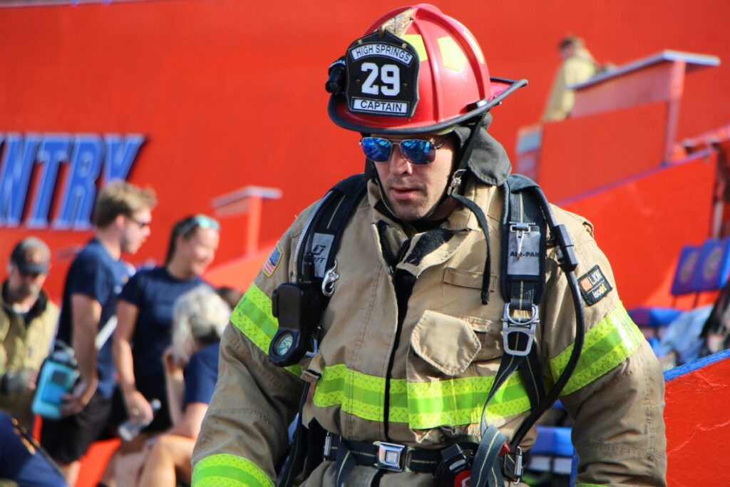 High Springs Fire Department's Capt. Kevin Pearson climbs over 2,000 stairs at Ben Hill Griffin Stadium to honor 911 victims. Photo by Lillian Hamman
