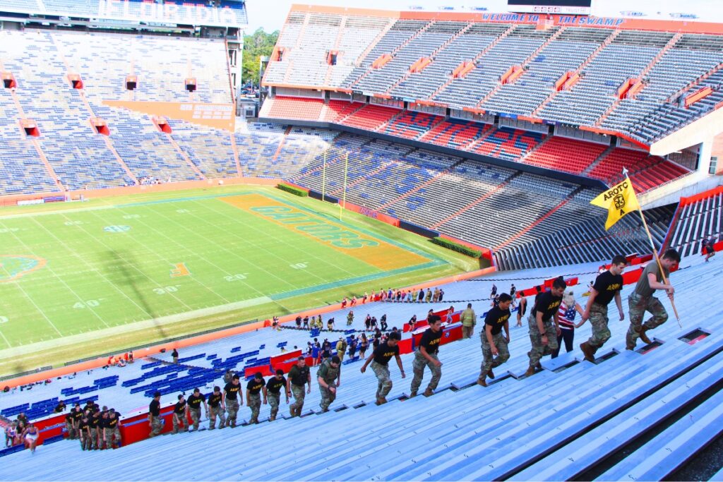 Members of UF's ROTC climb 14 flights of stairs at Ben Hill Griffin Stadium during the 911 remembrance stair climb. Photo by Lillian Hamman