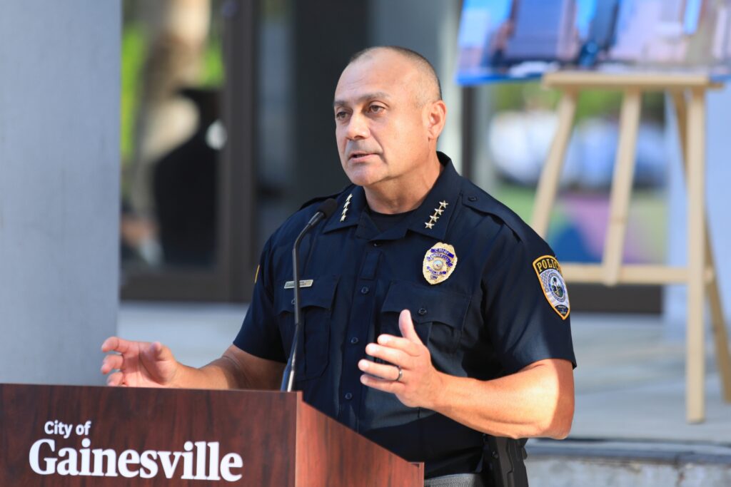 Police Chief Nelson Moya speaks at the city's ceremony. Photo by Seth Johnson