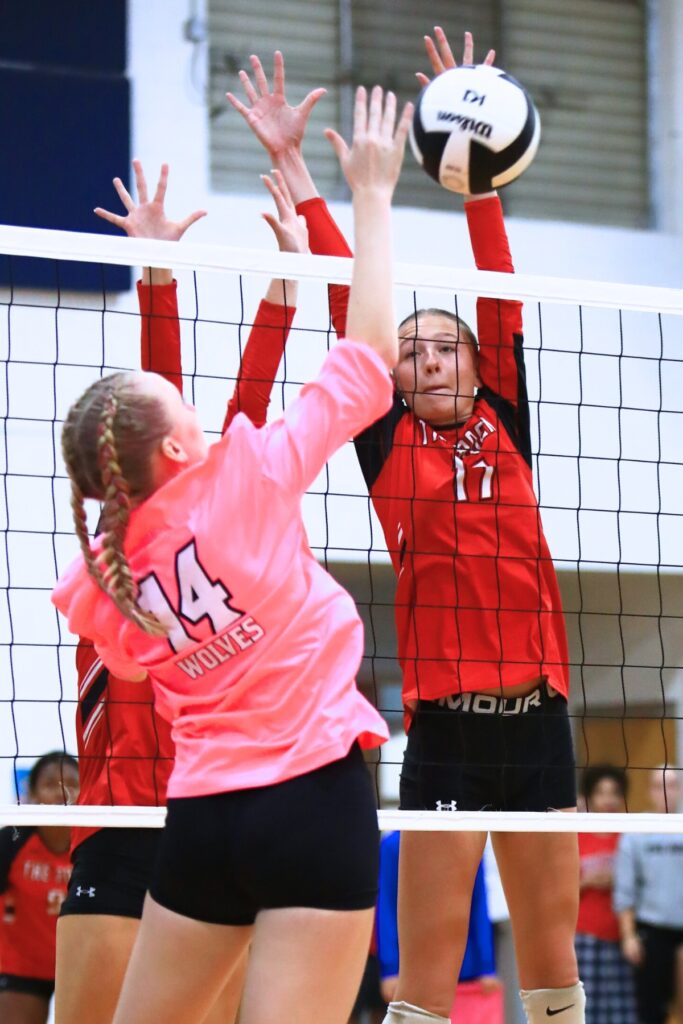 Saint Francis Catholic's Hailey Schoster (14) with a ht against The Rock's Brianna Stevens. Photo by C.J. Gish
