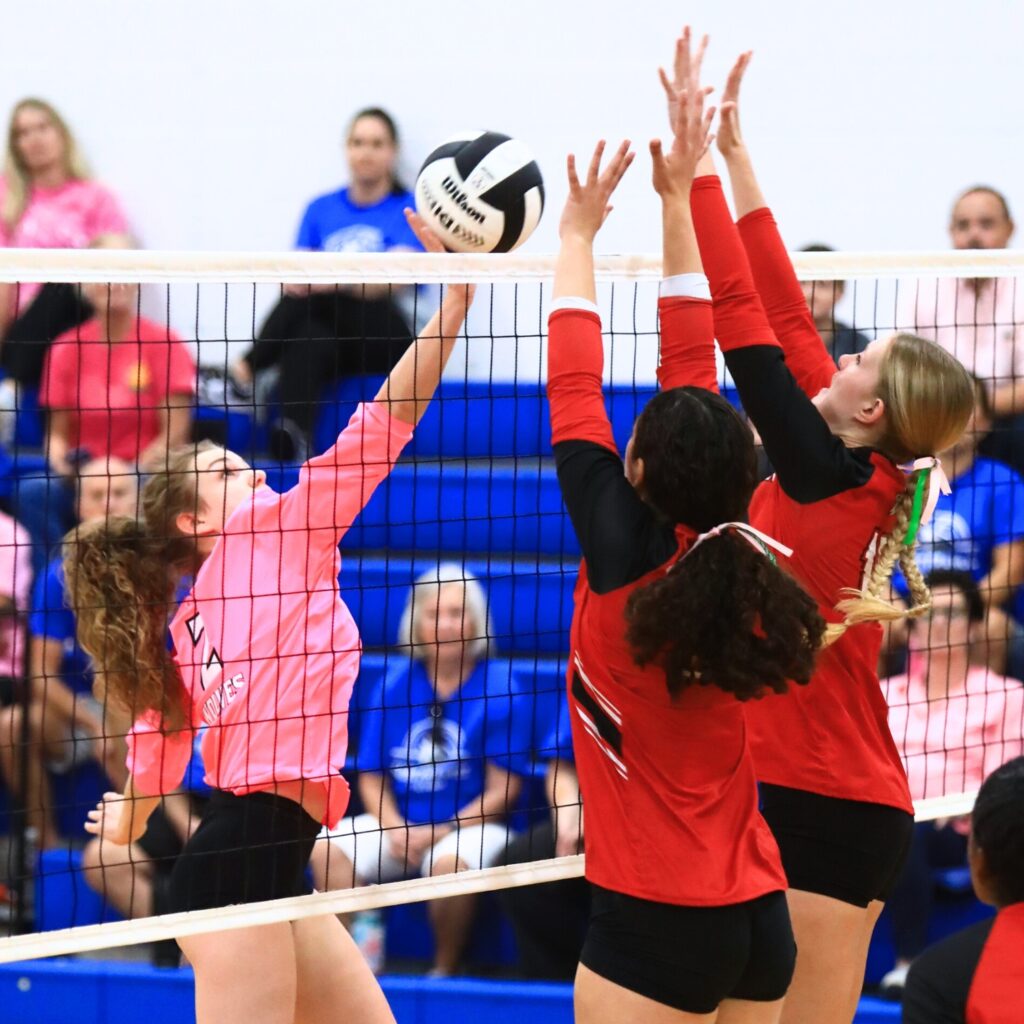 Saint Francis Catholic's Hannah Ulmer (2) with a hit against The Rock's Marlin Tyson (25) and Callie Kieszeck (16). Photo by C.J. Gish