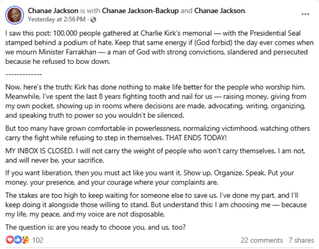 The Facebook post that Tina Certain commented on regarding the late Charlie Kirk. Facebook