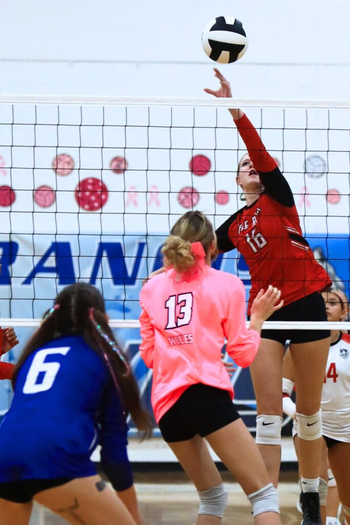 The Rock's Callie Kieszeck (16) with a hit against Saint Francis Catholic's Katelyn Elder (13). Photo by C.J. Gish