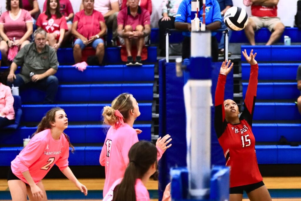 The Rock's Holdyn Moore (15) with a set against Saint Francis Catholic. Photo by C.J. Gish