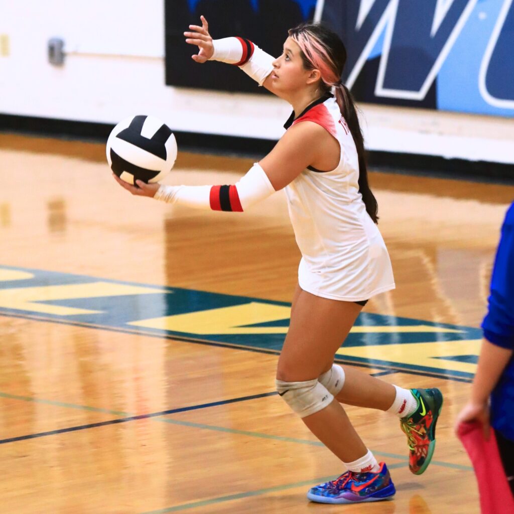 The Rock's Skylar Perez (14) with a serve against Saint Francis Catholic. Photo by C.J. Gish