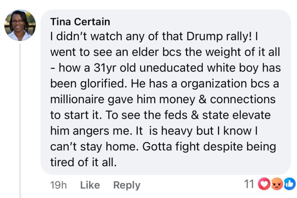 Tina Certain's social media post on Charlie Kirk.