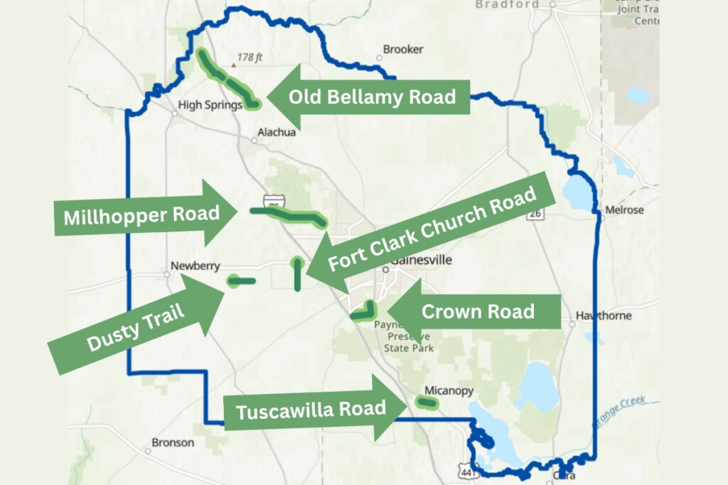 A map shows where each of Alachua County's scenic roads is located.
