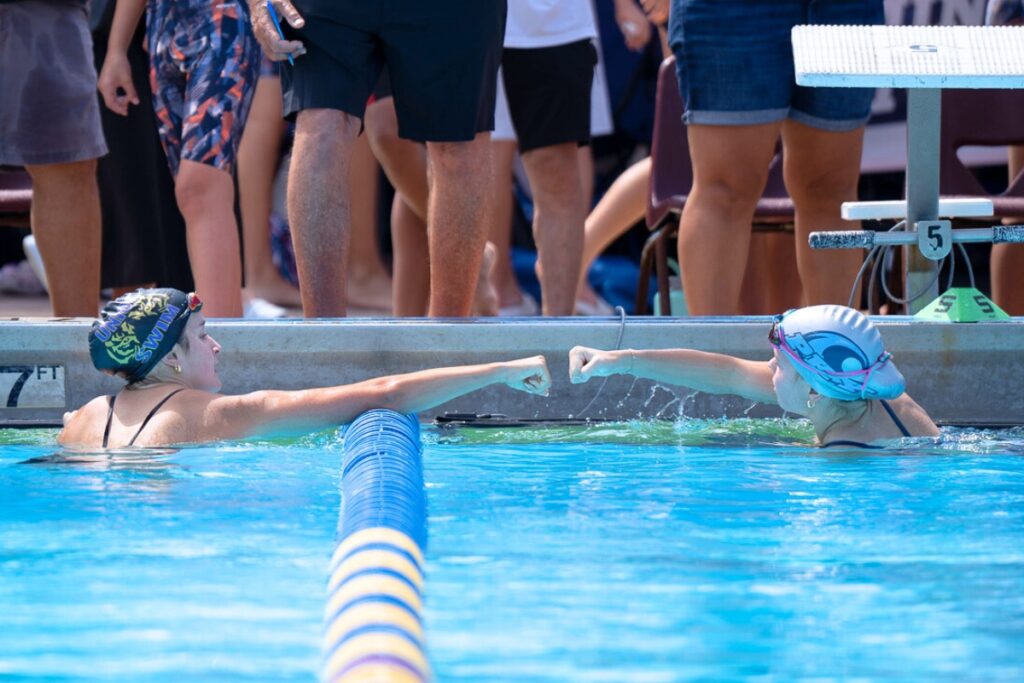 Union County's Eva Whitehead (left) and P.K. Yonge's Marina Marchman (right) in the girls 100-yard breaststroke at the 2025 Rob Ramirez City Championship Meet. Photo by Tim Rodriquez